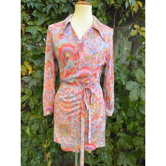70s Rainbow Floral Psychedelic Tunic Wrap Dress Dagger Collar Volup - Picture 1 of 13